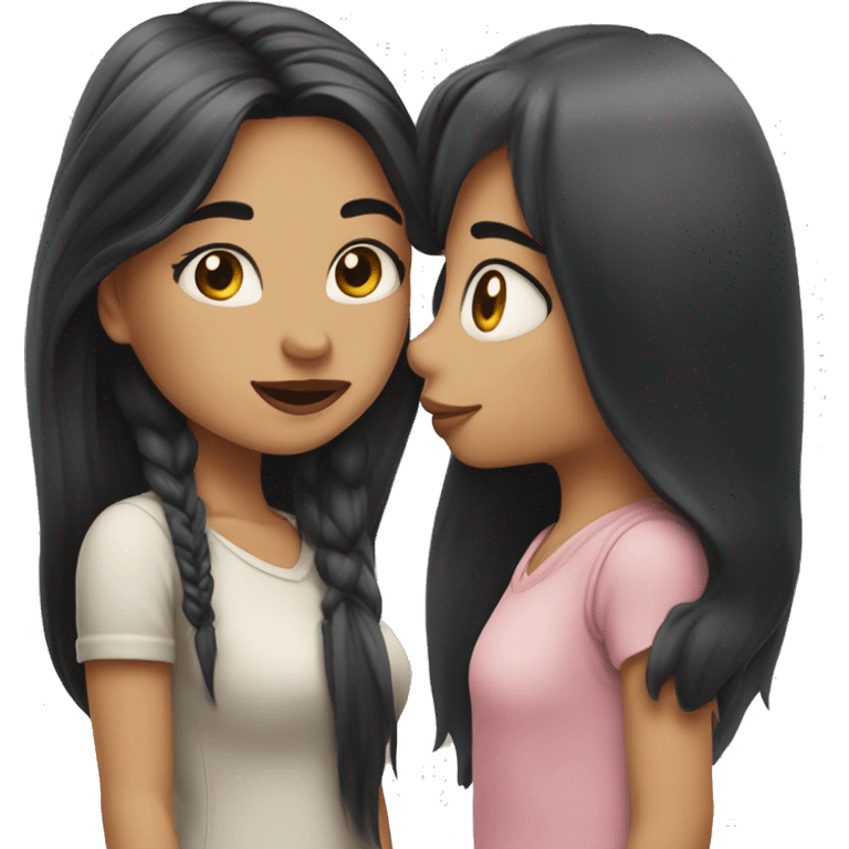 A girl kissing another girl on the cheek, both are blushing. They both have white skin and long black hair emoji