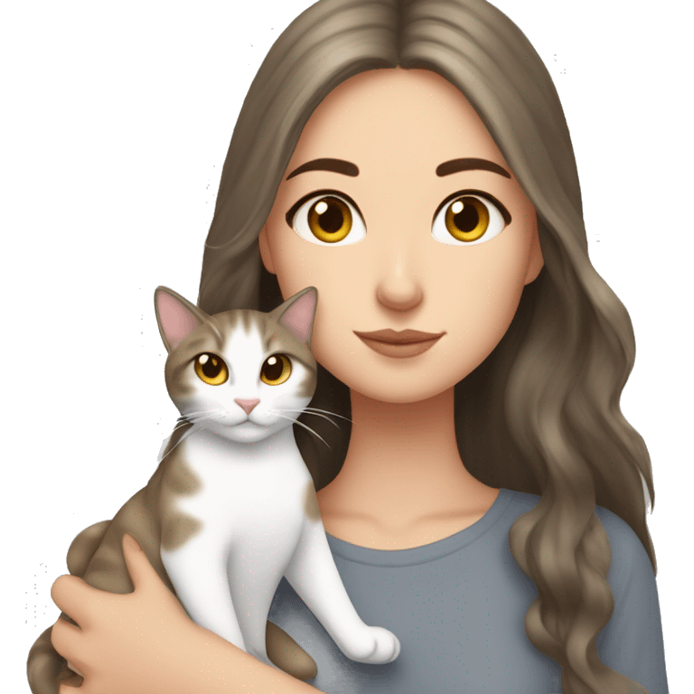 White Girl with Long Brown hair and golden Eyes snuggeling grey tigered cat  emoji