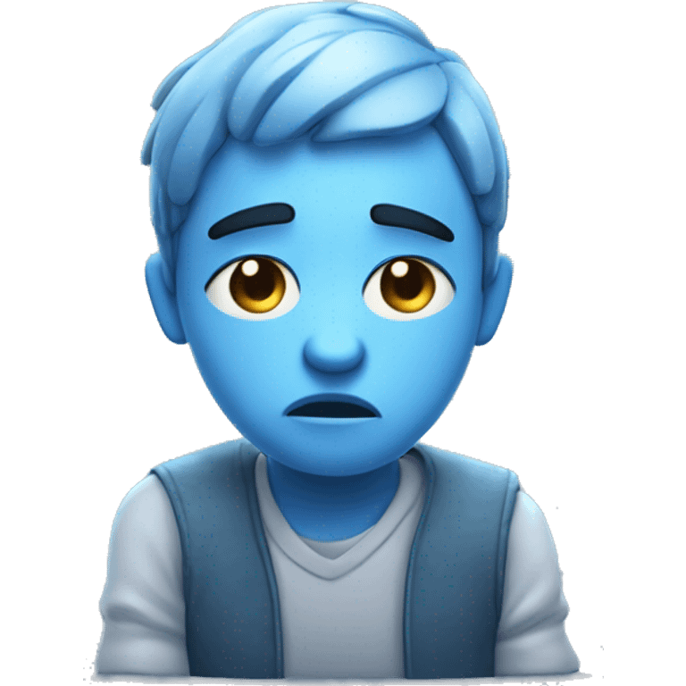 A sad 3D character sitting with slouched shoulders, looking down, and frowning. Teardrops on the face, hands resting in their lap, with soft blue tones enhancing the melancholic mood. emoji