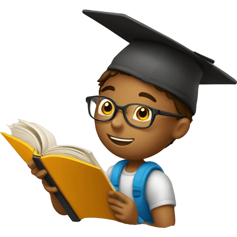 a smart boy reading book with graducation hat emoji