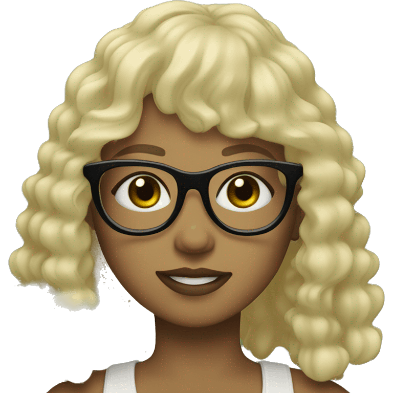 a girl with black glasses (square-shaped), green eyes, light skin and curly dark-blonde long hair with bang emoji