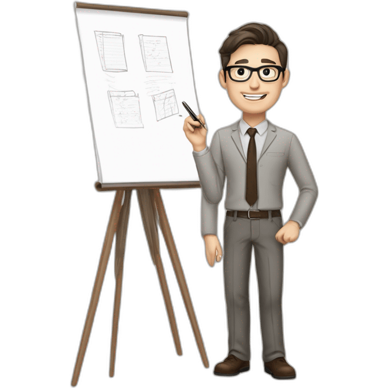 Pale skinned fit man with dark brown hair in gray jacket, beige office shirt, brown tie, brown pants and vintage glasses Writing on the flipchart emoji