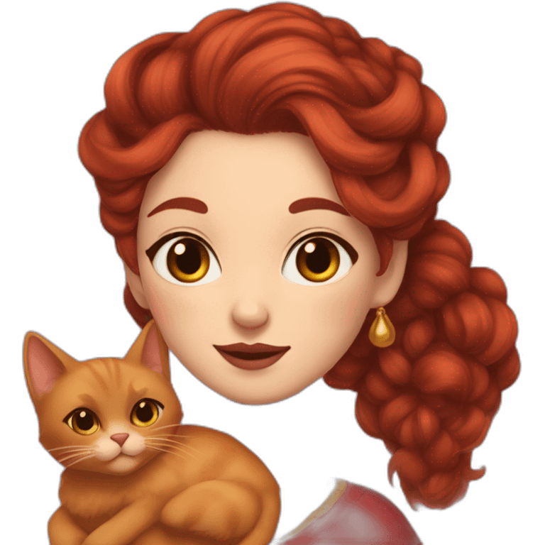 a Tatar woman of slightly swarthy skin with reddish hair up to the waist holds a fluffy red cat emoji