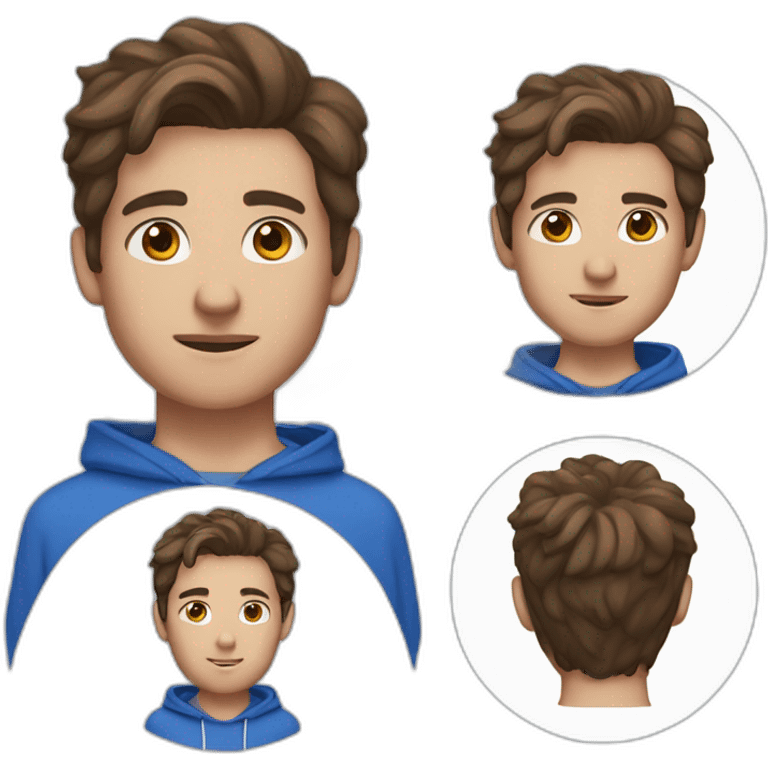 male, brown hair, brown eyes, airpods, blue hoodie emoji