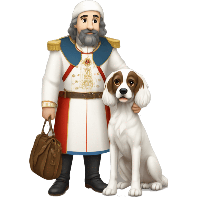 I’m a Russian, in the style of Old Many holding my dog spaniel with white color. and show the Victor emoji