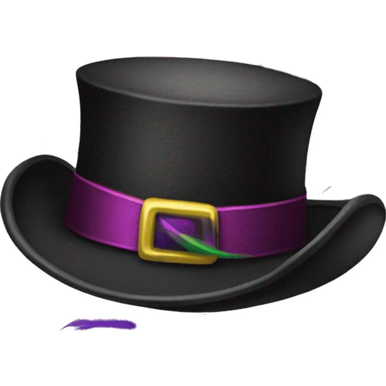 Realistic isolated black voodoo top hat with purple buckle around top of hat with purple,green,and yellow feather stuck in it. emoji