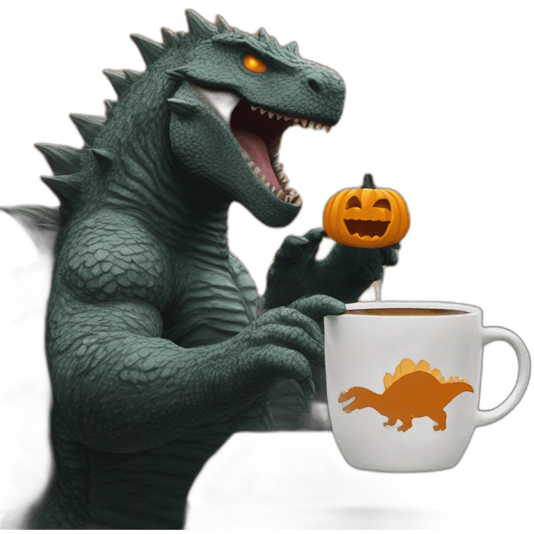 Godzilla enjoying a pumpkin spice latte emoji