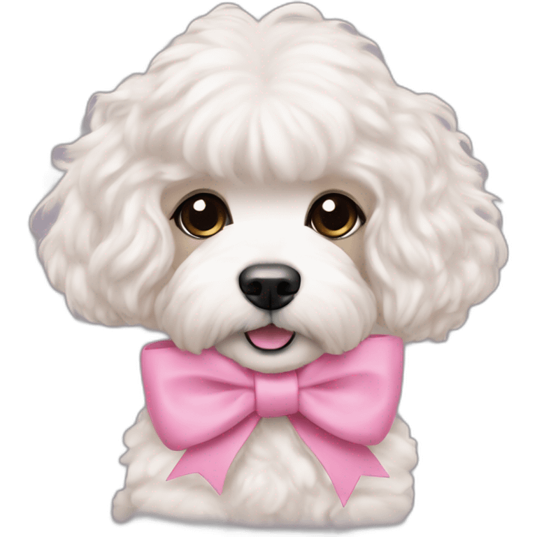 brunette Kendall Jenner with long hair holding on the hands white maltipoo wearing pink collar emoji