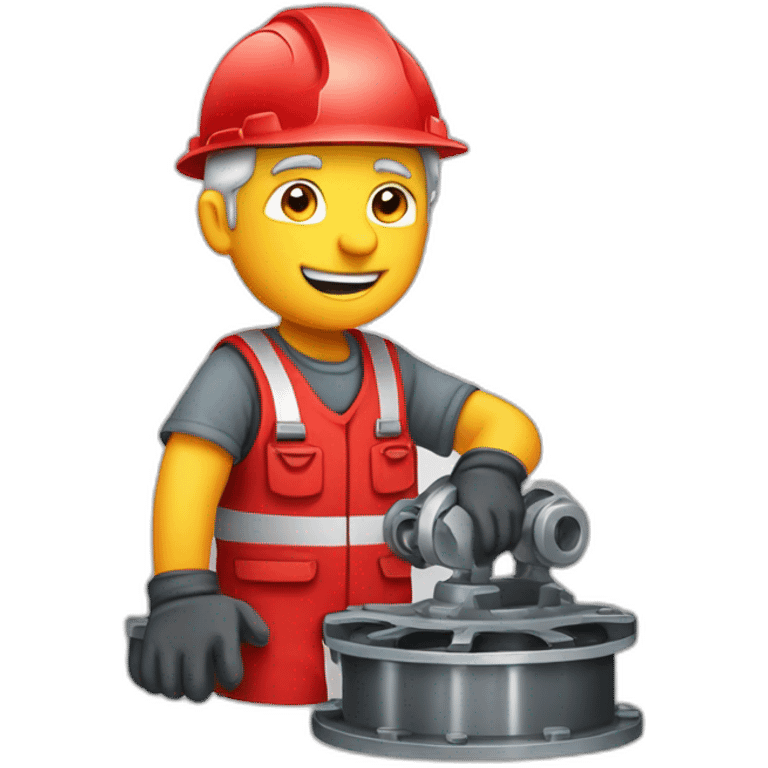 Industrial professional senior mechanical assembler working on the assembly of heavy machinery with a red outfit emoji