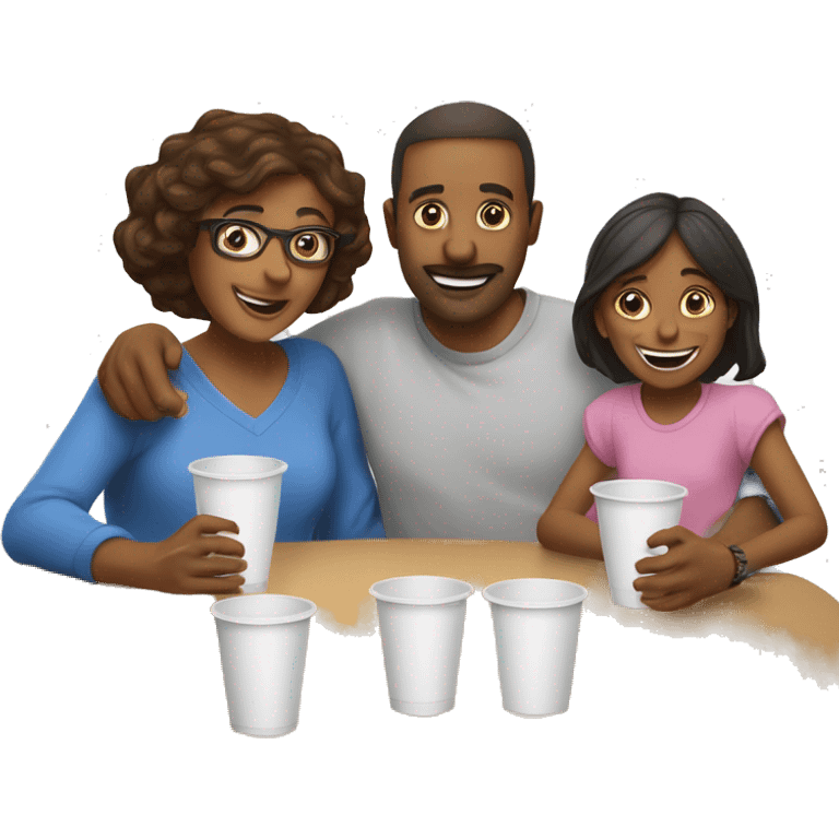 An emoji of a family—mother, father, and child—sitting at a table, playing a cup game with paper cups arranged on the table as they have fun together emoji