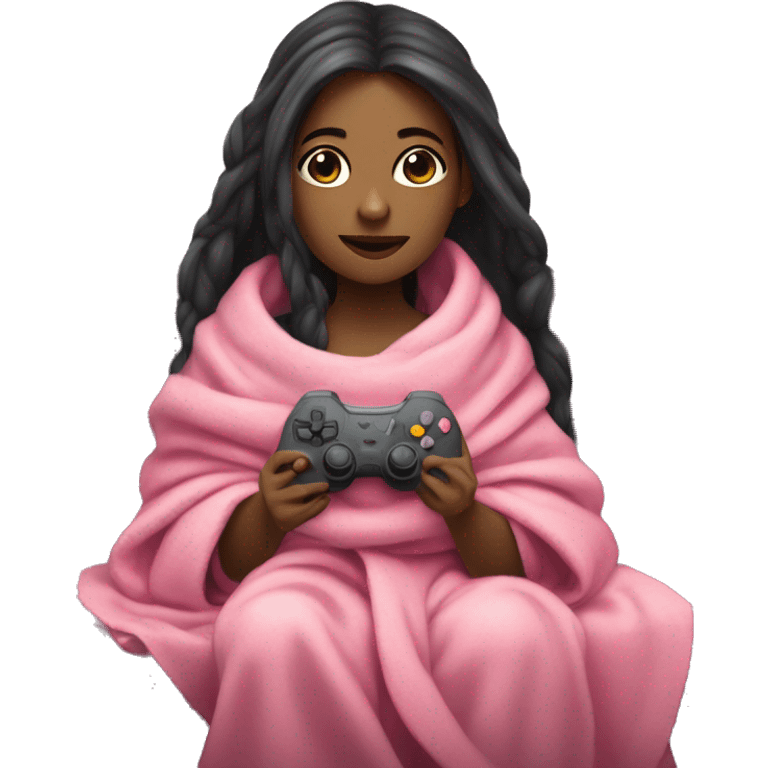 Olive skinned girl with long dark hair wrapped up in a blanket sitting on a couch with a pink gaming controller in her hands emoji