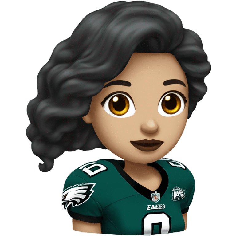 White female long dark hair red lips wearing Philadelphia Eagles jersey emoji