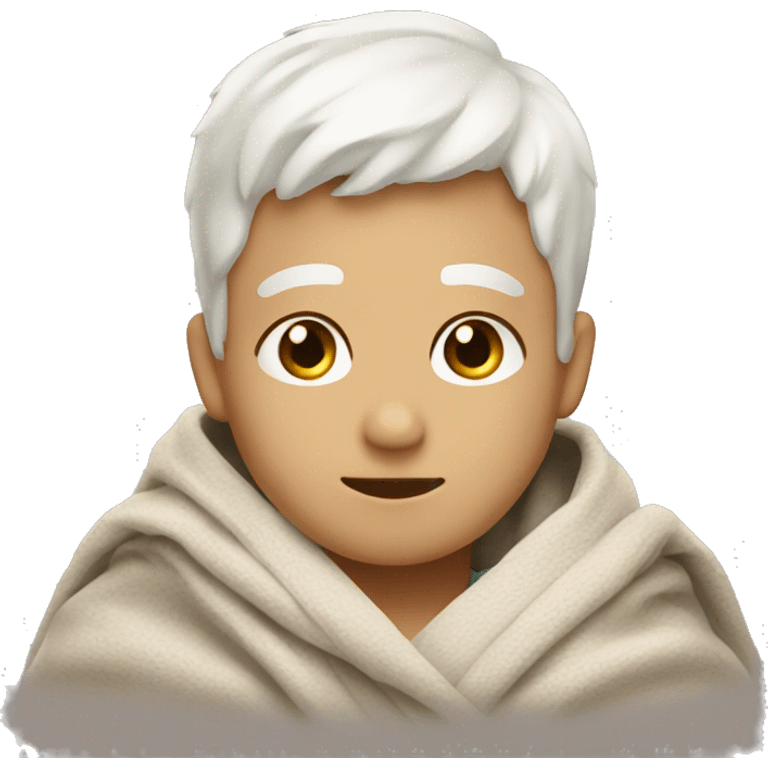 A boy with short white hair is sitting wrapped in a blanket emoji