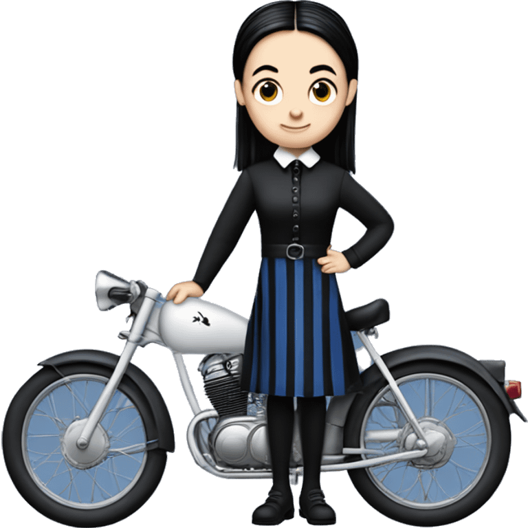 Wednesday Addams from academy in a blue and black vertically-striped classic dress. riding hot rod bikes with crows emoji