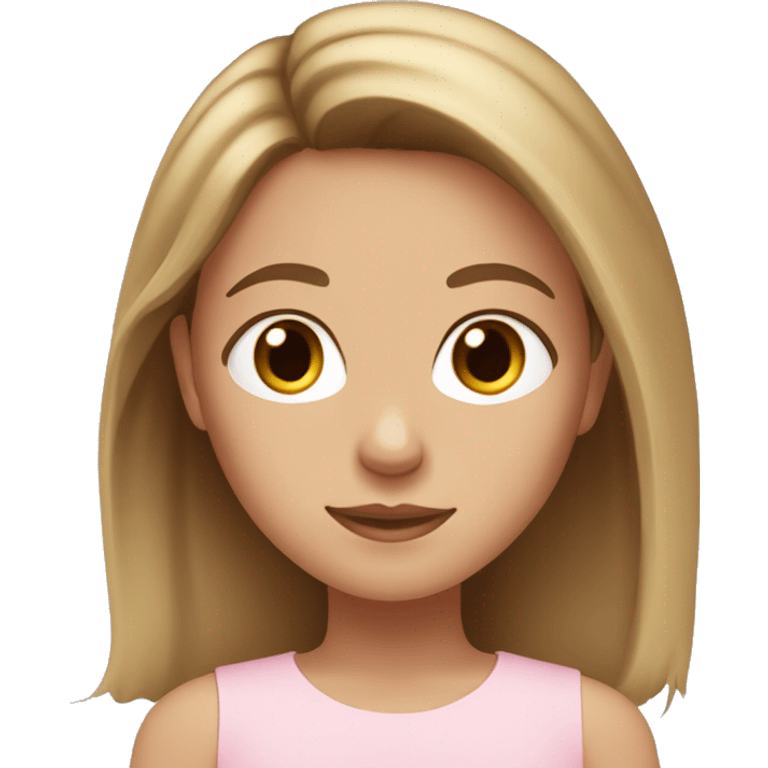 A girl with hazel eyes brown hair with blonde highlights wearing a light pink top emoji