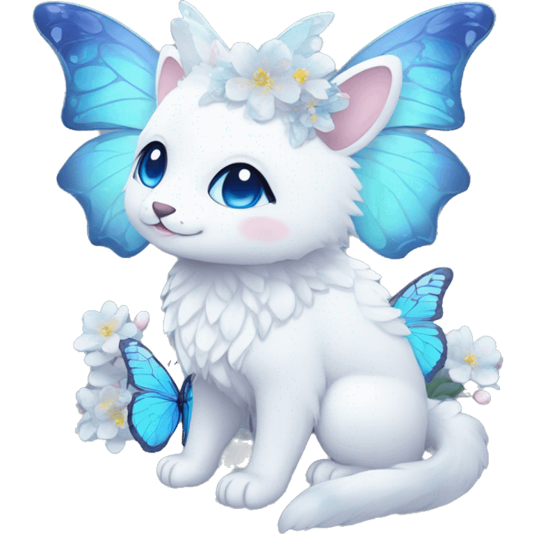 Edgy Cute Cool Kawaii gorgeous sparkly ethereal white fantasy animal with blue eyes sona with flowers and butterflies emoji