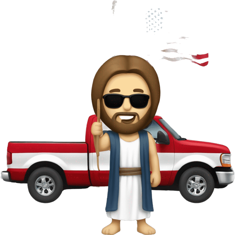 Jesus with a Ford F150 pickup truck and the American flag emoji