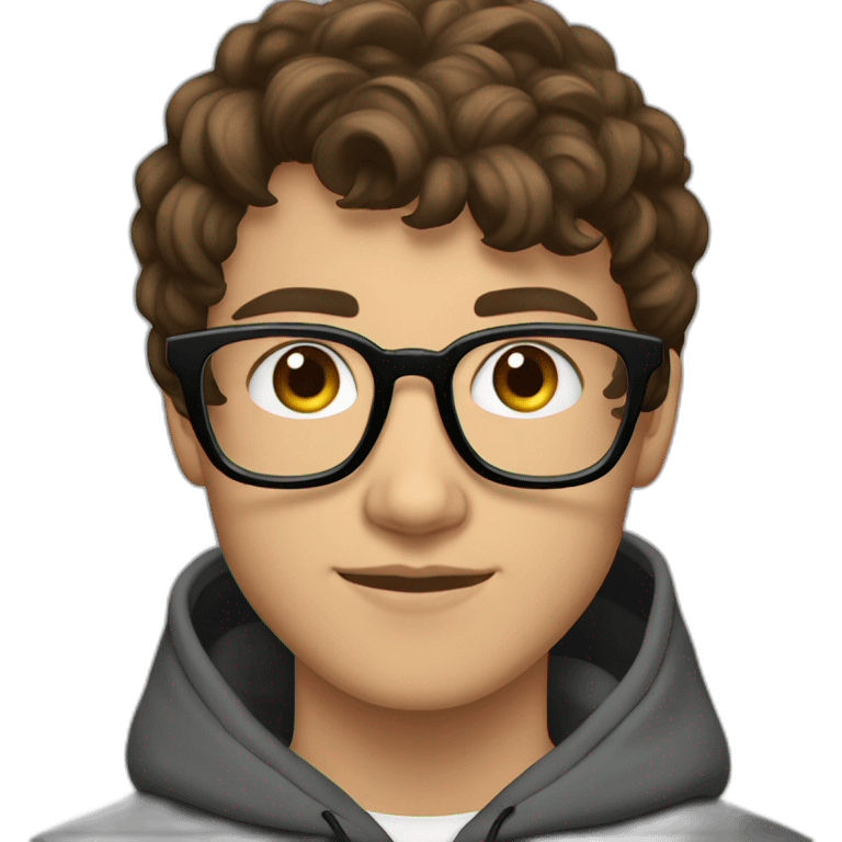 18 year old teen with brown hair and rectangular black thin frame glasses. He wears a hoodie emoji