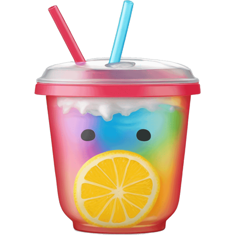 Realistic plastic domed lid cup with one colorful straw and juice with ice inside of the cup. emoji