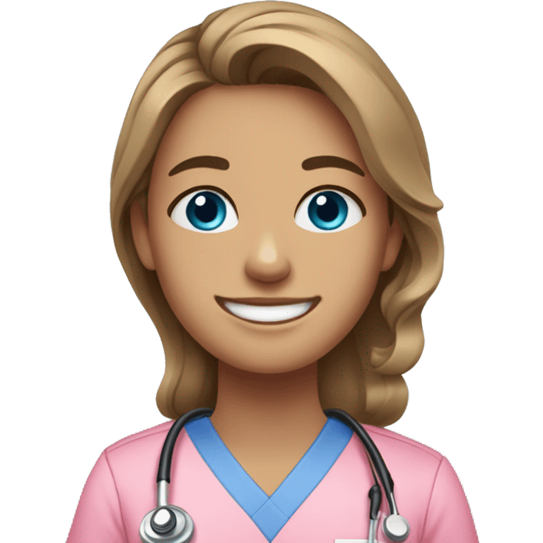 Brown wavy long hair and big blue eyes girl wearing pink scrubs smiling  emoji