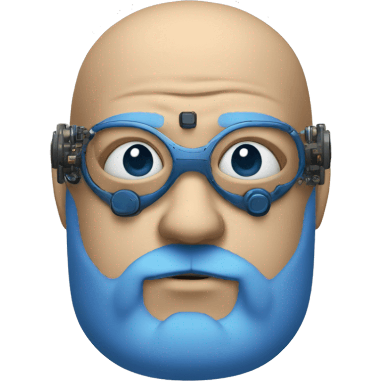 Bearded Fat bald cyborg head with tan skin, blue beard, blue goggles and circuits emoji