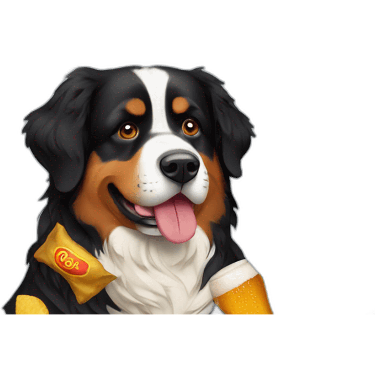 bernese mountain dog drinking beer and eating chips emoji