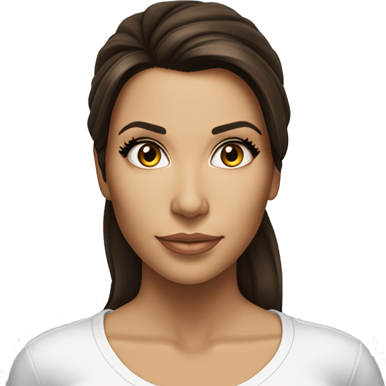 3/4 face, contrasted, shadow, light, Eva Longoria expression, standing, thin nose, brunette woman, hazel eyes, long eyelashes, dark shoulder shaded hair, white t-shirt, jeans, white sneakers emoji