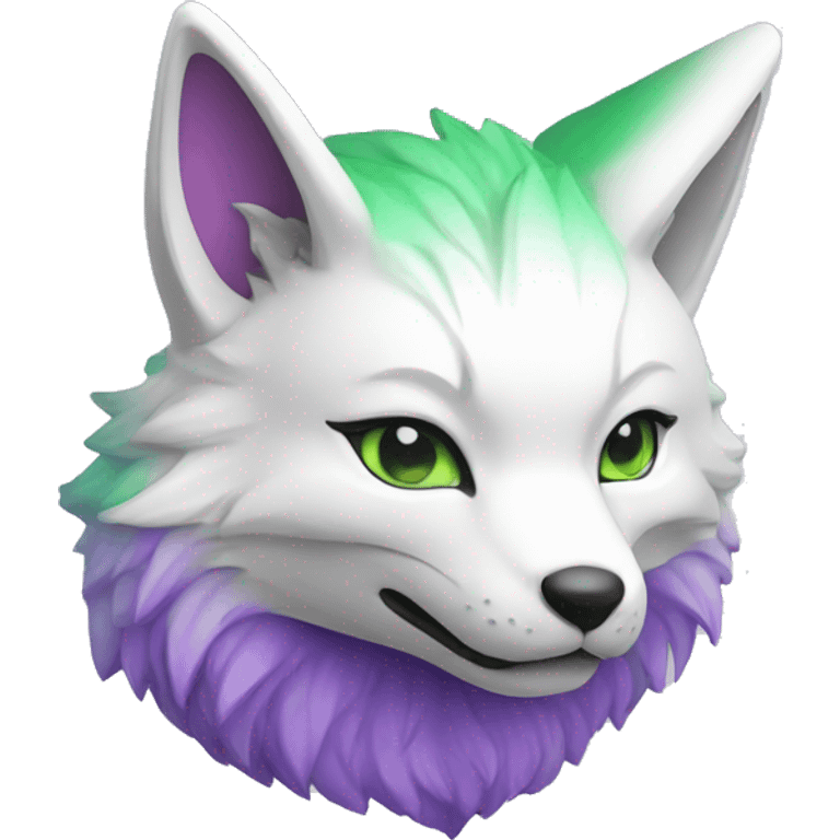 A White, Purple and Green coloured cute Kitsune blowing a kiss emoji