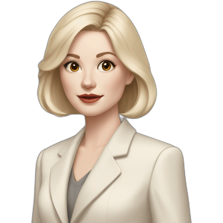 pale skin woman with ash blonde Straightened bob Hair, White Spacious classical jacket, beige palazzo Arrow pants and gray blouse holding a color palette in the hands emoji