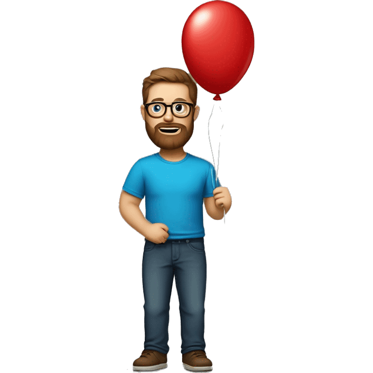 Heavy caucasian young dad, with a blue shirt, with a big brown beard and black rectangle glasses and brown hair he’s holding a red balloon animal  emoji