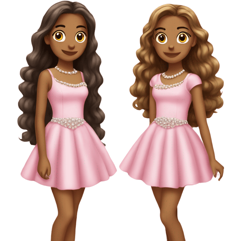 two teenage Latina twins. pink. Long hair. Pink bows. Pearls. Light pink. Diamonds dress. emoji