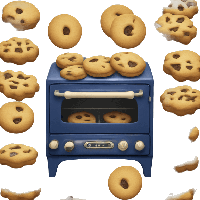 Realistic vintage  navy blue oven with cookies baking inside of it. emoji