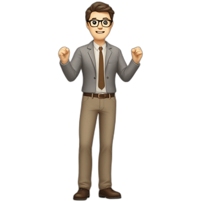 To belt Actively gesturing with hands 👌 Pale skinned fit man with dark brown hair in gray jacket, beige office shirt, brown tie, brown pants and vintage glasses. emoji