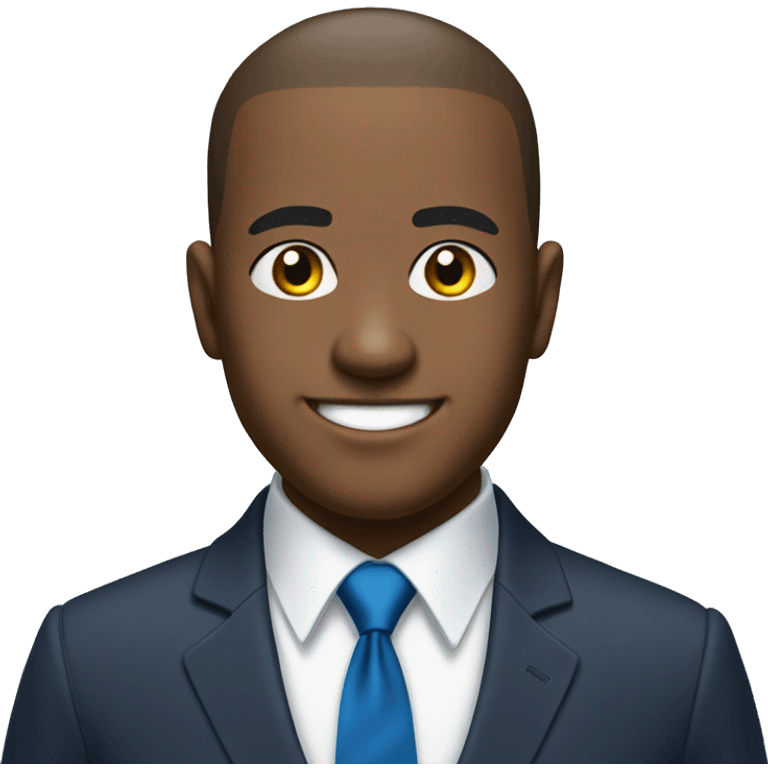 buzzcut hair, elegant, light black man, with a blue suit and tie. He's smiling with his eyes and showing hope. His shirt is white. His also brazilian and a politician  emoji