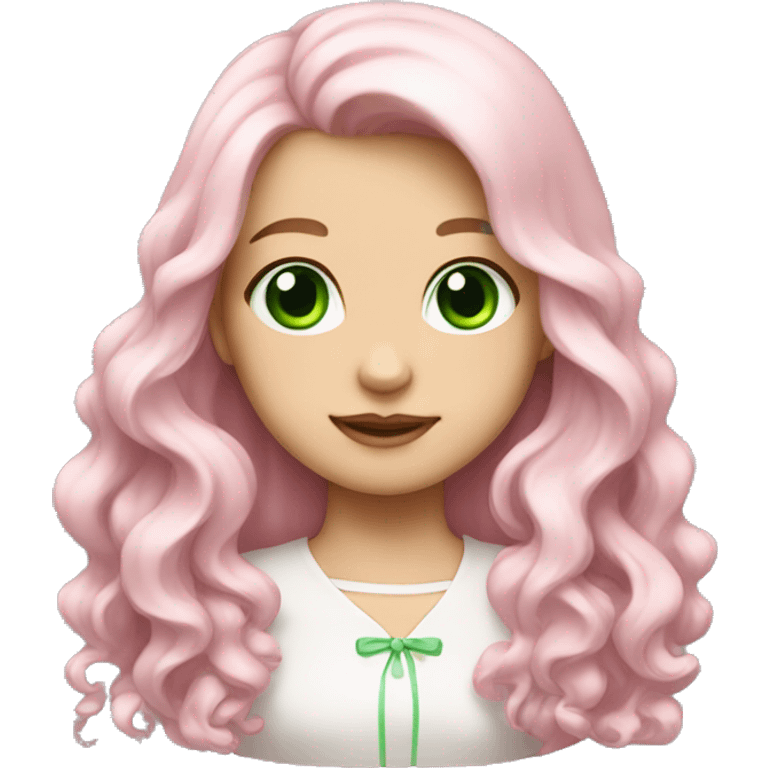 pale girl with long wavy hair with bright green eyes and wearing a light pink hair bow emoji