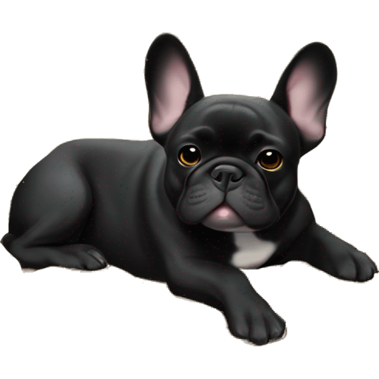 Black-and-tan French bulldog laying on big pile of gold coins emoji