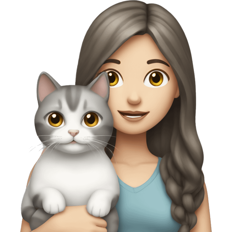 white brunette girl holding grey and white cat emoji