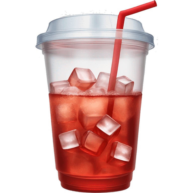 Realistic see through plastic cup and lid with half full Transluscent red soda,straw and large ice cubes inside. emoji