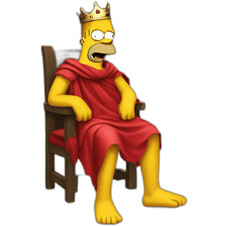 Half body portrait of homer simpson wearing a red cloth and a crown and sitting in a thorn emoji