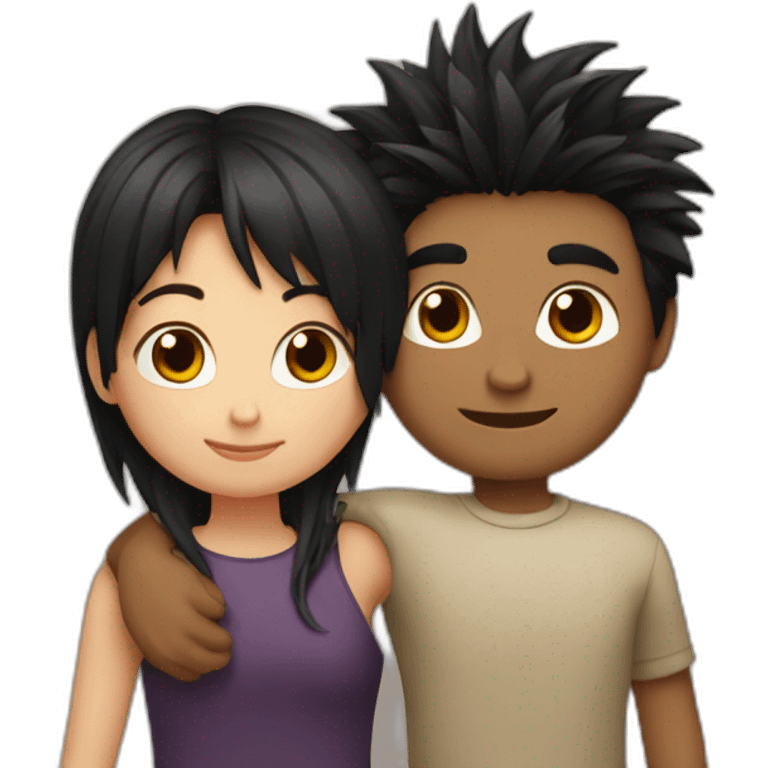 girl with black spiky hair hugging boy with brown hair emoji