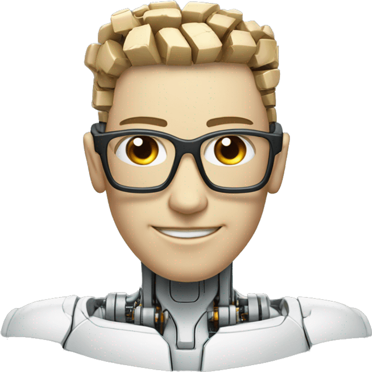 Cyborg head with fair skin, flat top haircut, rectangular glasses, circuits and smiling  emoji