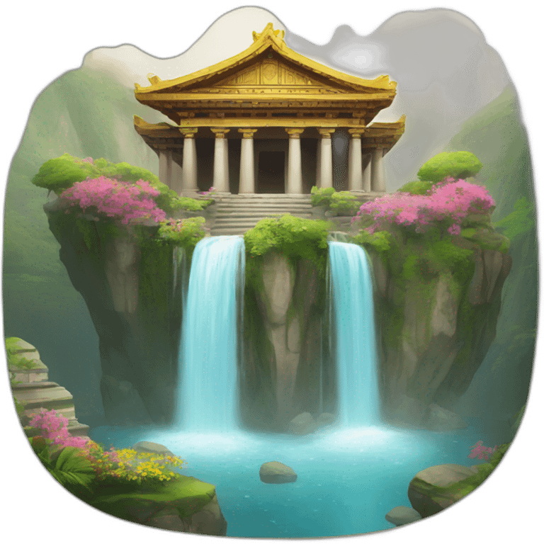 ancient temple surrounded by waterfalls and flowers emoji