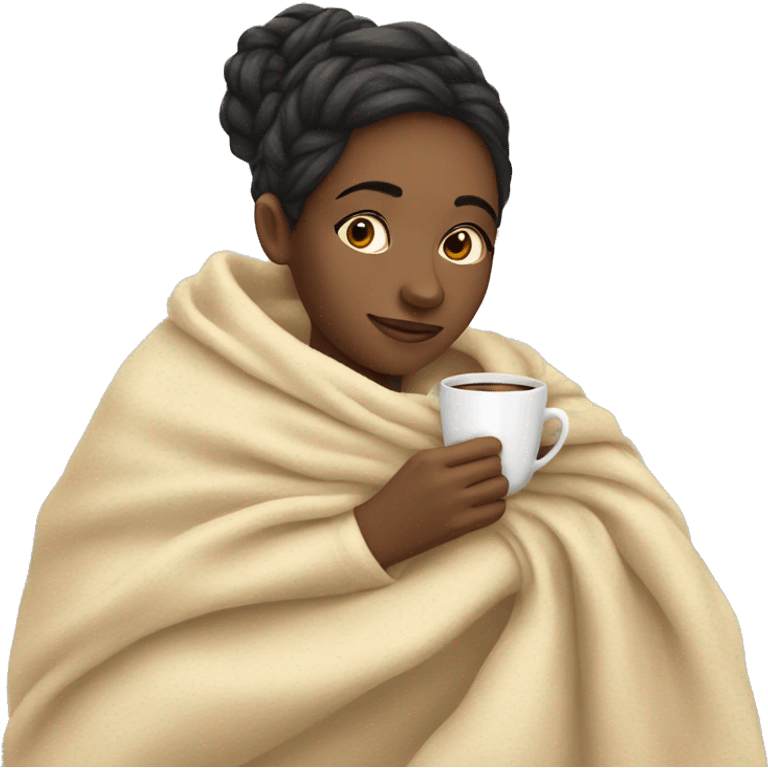 Woman hugging the blanket and drinking coffee emoji