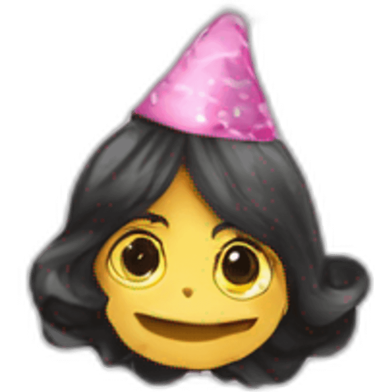 Niña-cabello largo negro-gorro fiesta-pastel-globos emoji