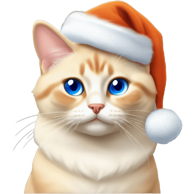 chubby fat, flame point Siamese, short fur, with white fur with orange accents, and blue eyes, smiling, wearing a red santa hat  emoji