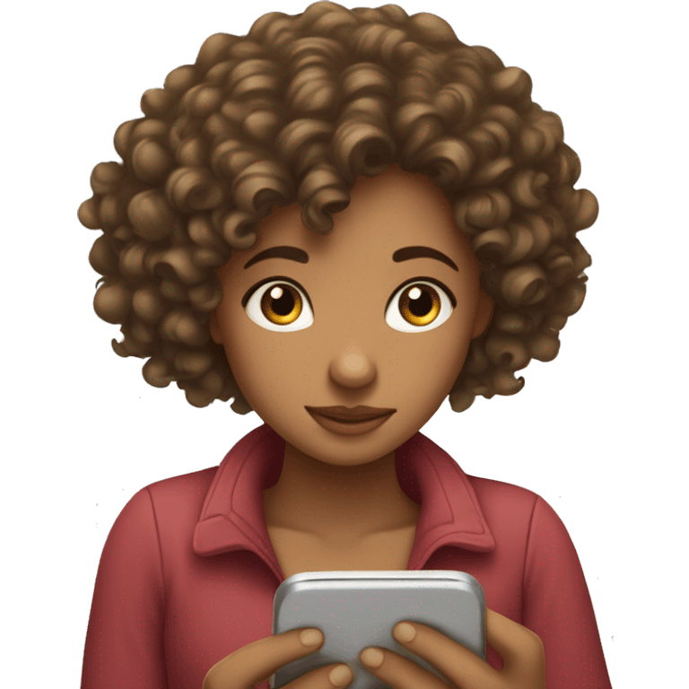 a curly haired girl looking down at the phone in her hand emoji