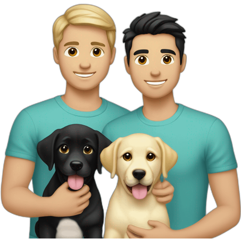 gay-couple,-1-guy-straight-blackhair australian-and-1-australian-white-guy-with-blackhair-slightly-curly-holding one light yellow labrador retriever puppy one labrador retriever puppy emoji