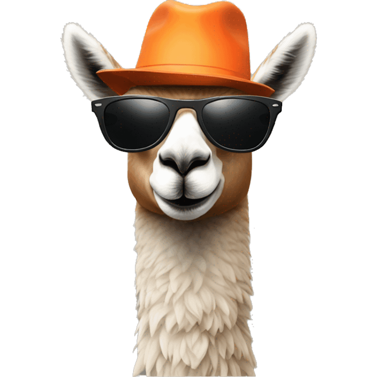 a llama wearing a orange hat and black rayban shades emoji