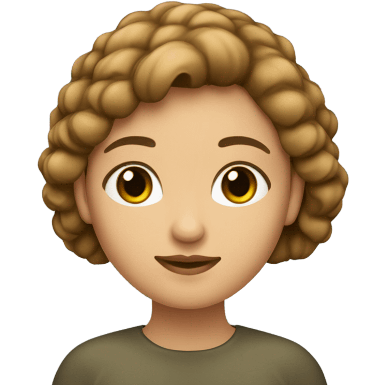 Mujer de piel clara con ojos verdes nariz pequeña boca normal cejas gruesas con el pelo crespo y corto de color castaño  emoji