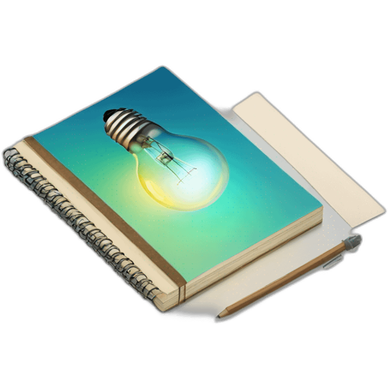 A notebook layed down with the front side having text and the backside a light bulb emoji